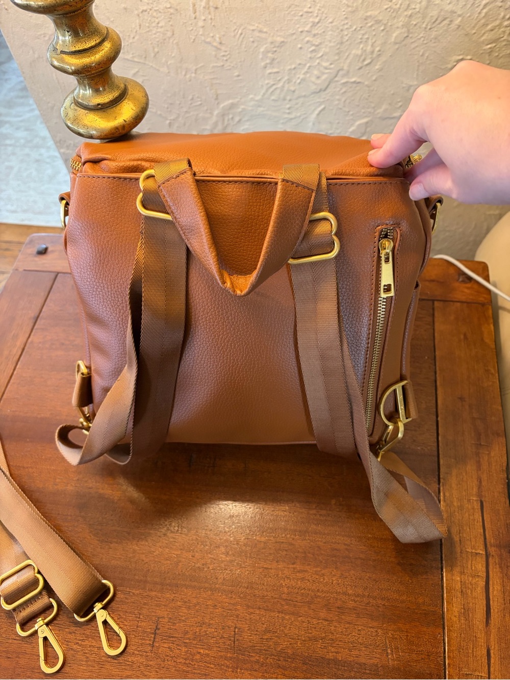 Fawn Design Convertible Leather Backpack Diaper Bag in Tan - Picture 5 of 12